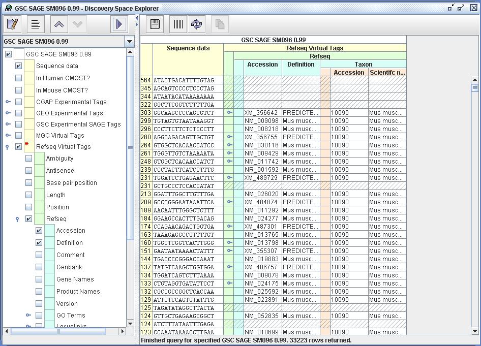 Screenshot of Explorer - SAGE Library mapped to Mouse Refseq