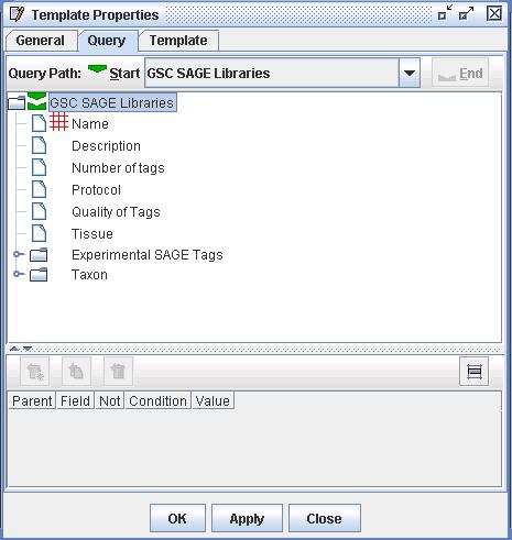 An image of the Template's Query panel