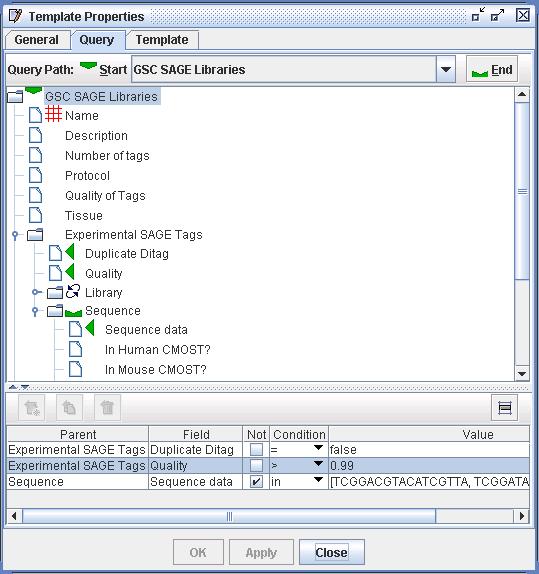 An image of the Template's Query panel with a full query tree