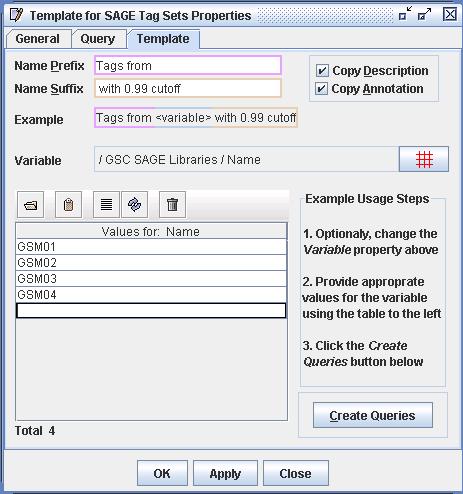 An image of the Template's Template panel with variable values supplied
